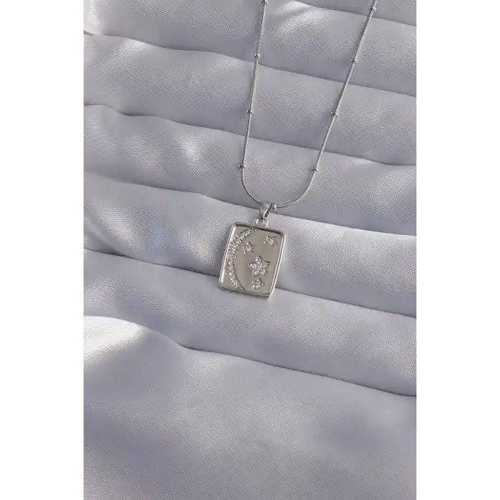 316L Çelik Zincir Gümüş Renk Zirkon Taşlı Ay Yıldız Figürlü Tarot Kolye