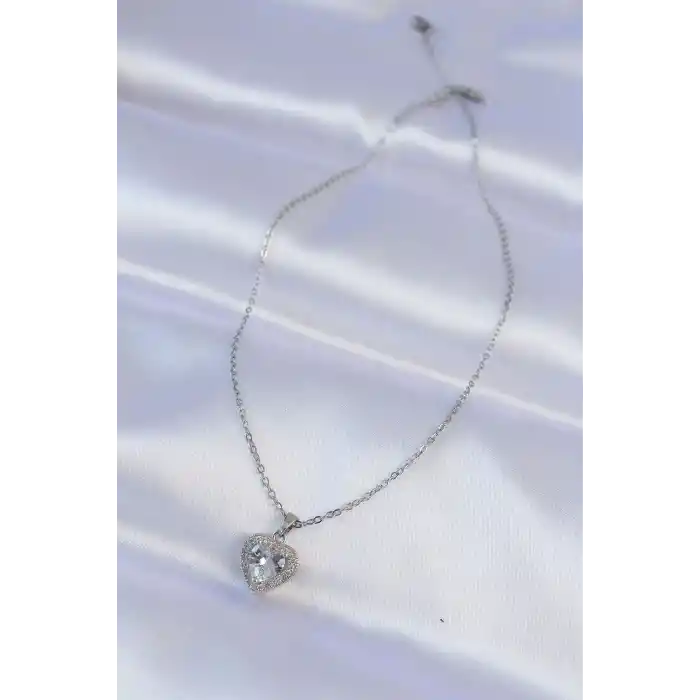 316L Çelik Zincir Gümüş Renk Zirkon Taşlı Charm Kalp Kolye
