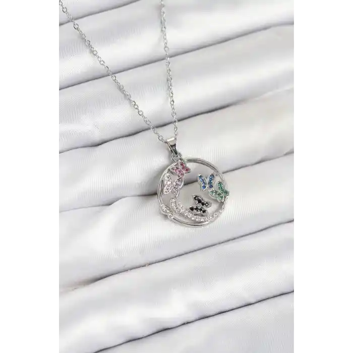 316L Çelik Zincir Gümüş Renk Zirkon Taşlı Kelebekli Kadın Kolye