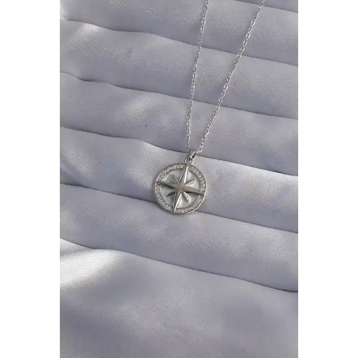 316L Çelik Zincir Gümüş Renk Zirkon Taşlı Kutup Yıldızı Kolye