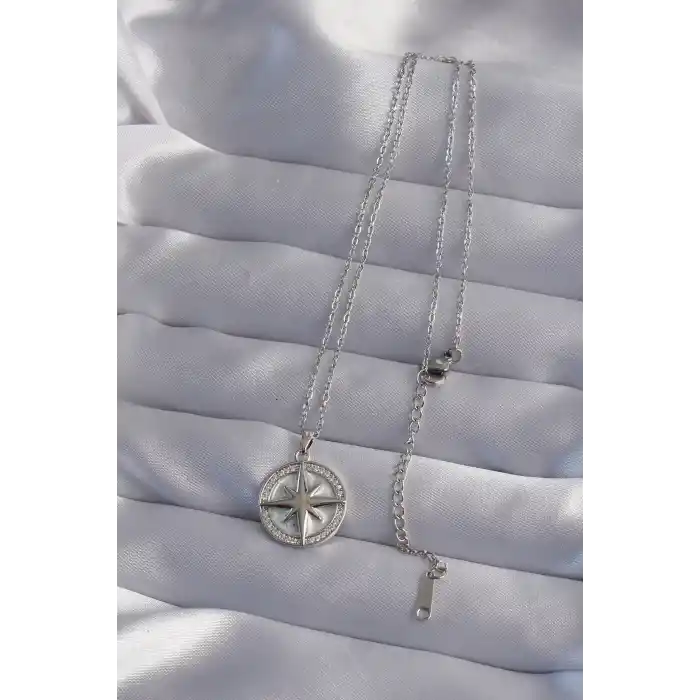 316L Çelik Zincir Gümüş Renk Zirkon Taşlı Kutup Yıldızı Kolye