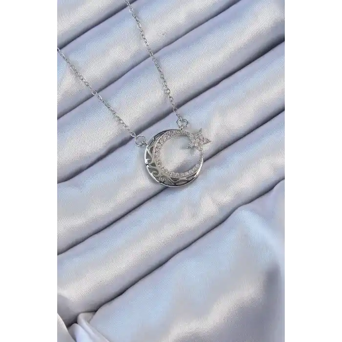 316L Çelik Zincir Gümüş Renk Zirkon Taşlı Motifli Ay Yıldız Kolye