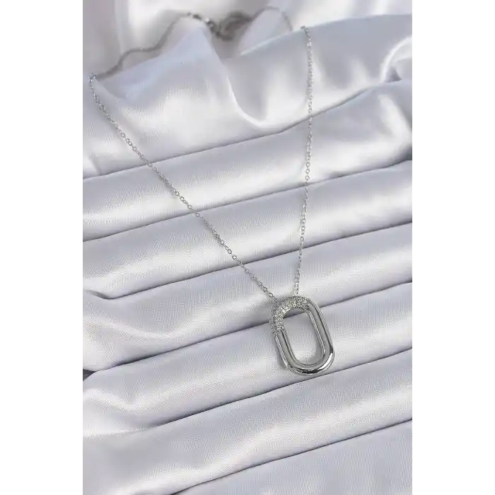 316L Çelik Zincir Gümüş Renk Zirkon Taşlı Oval Halka Model Kadın Kolye