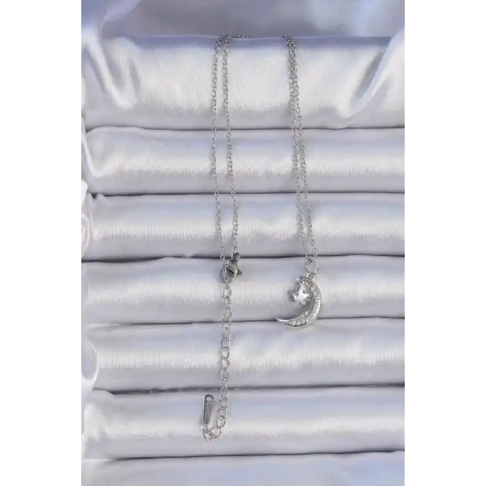 316L Çelik Zincir Gümüş Renk Zirkon Taşlı Sallantılı Ay Yıldız Kolye