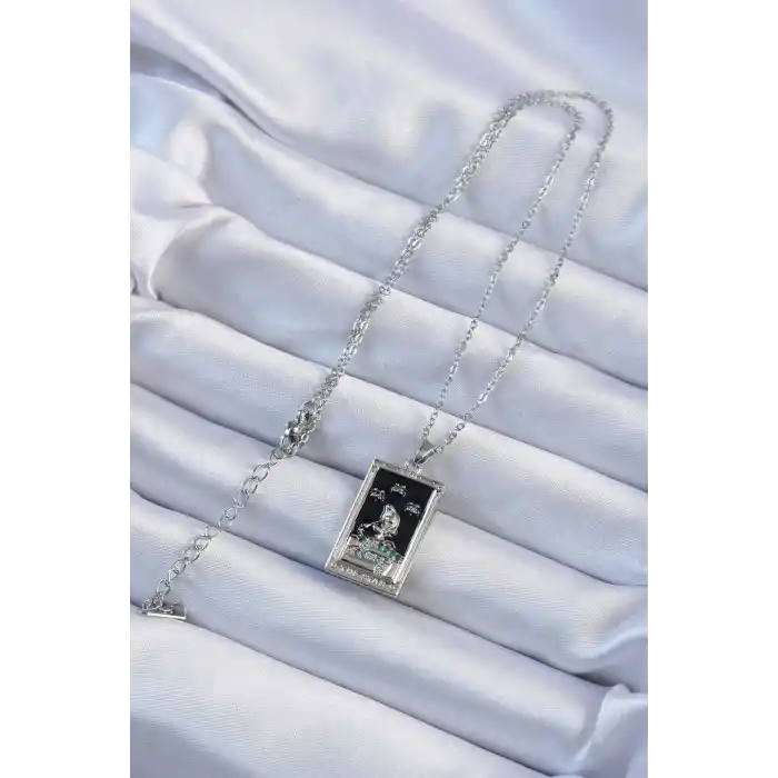 316L Çelik Zincir Gümüş Renk Zirkon Taşlı Siyah Mineli Kız Figürlü Tarot Kolye