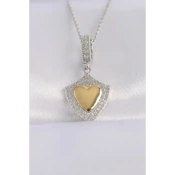 316L Çelik Zincir Gümüş Renk Zirkon Taşlı Tasarım Altın Renk Kalp Kolye