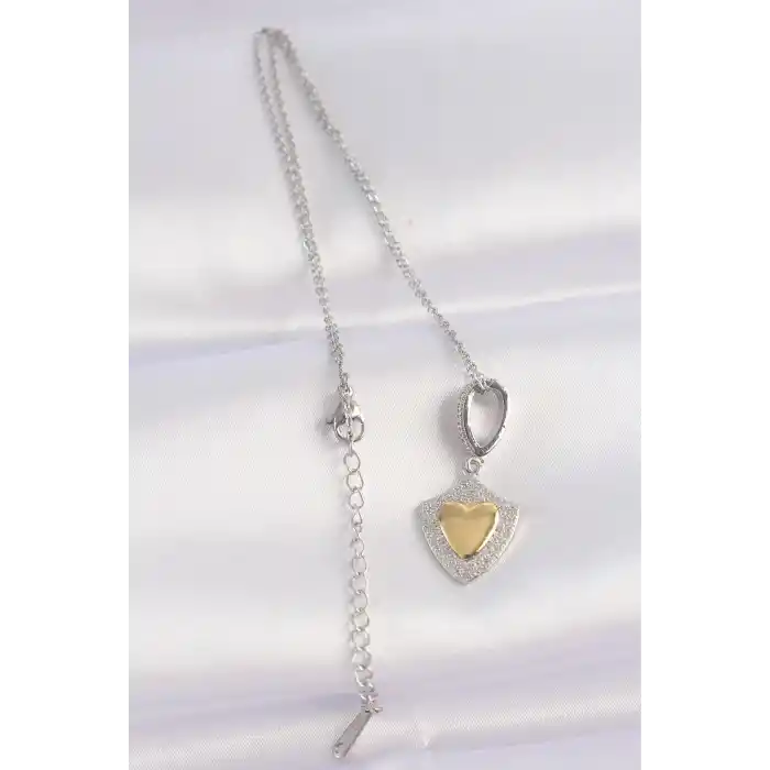 316L Çelik Zincir Gümüş Renk Zirkon Taşlı Tasarım Altın Renk Kalp Kolye