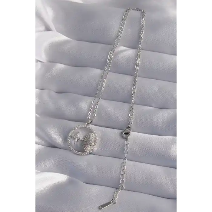 316L Çelik Zincir Gümüş Renk Zirkon Taşlı Yıldız Figürlü Oval Kolye