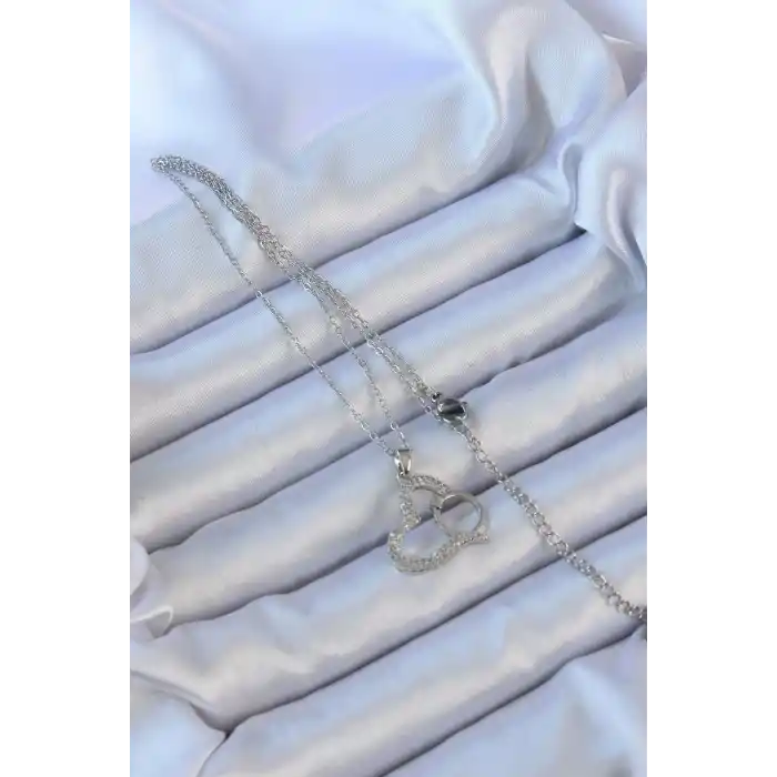 316L Çelik Zincir Gümüş Renk Zirkon Taşlı Yüzüklü Kalp Kolye