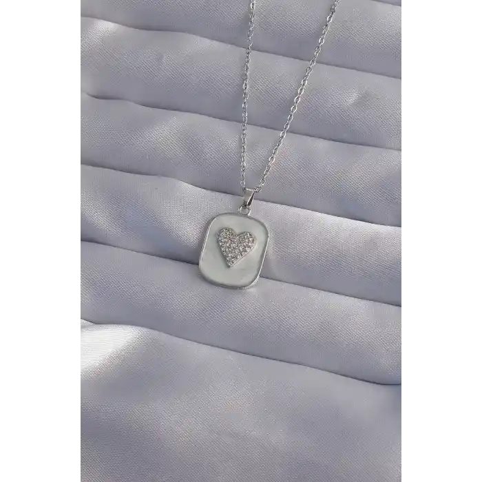 316L Çelik Zincir Mermer Desenli Gümüş Renk Zirkon Taşlı Kalp Model Kolye