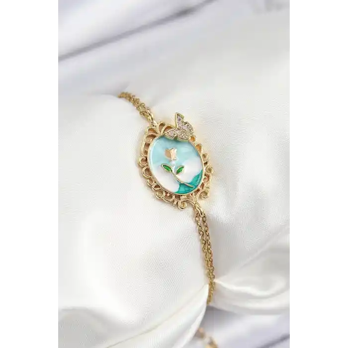 316L Çelik Zincir Mineli Sanatsal Portre Zirkon Taşlı Kelebek Detaylı Çiçek Model Gold Renk Kadın Bileklik