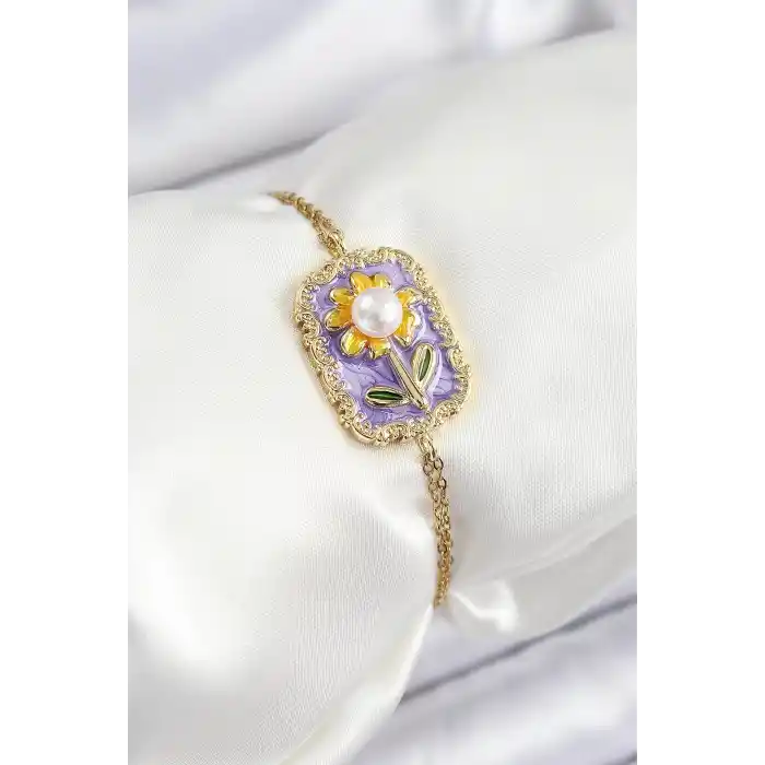 316L Çelik Zincir Mor Mineli Sanatsal Portre İnci Detaylı Papatya Model Gold Renk Kadın Bileklik