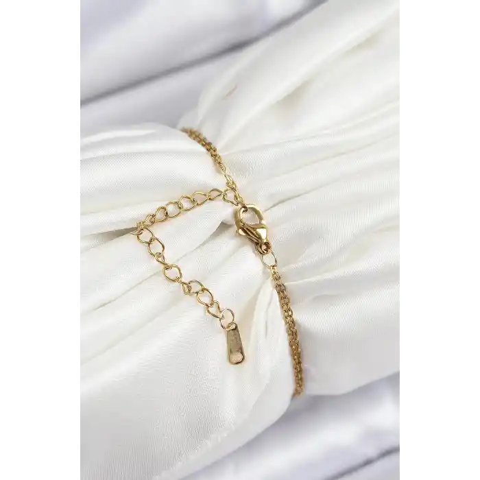 316L Çelik Zincir Mor Mineli Sanatsal Portre İnci Detaylı Papatya Model Gold Renk Kadın Bileklik