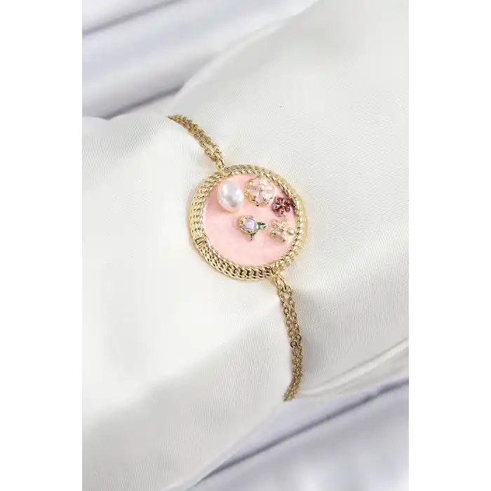 316L Çelik Zincir Pembe Mineli Sanatsal Portre İnci Detaylı Çiçek Model Gold Renk Kadın Bileklik
