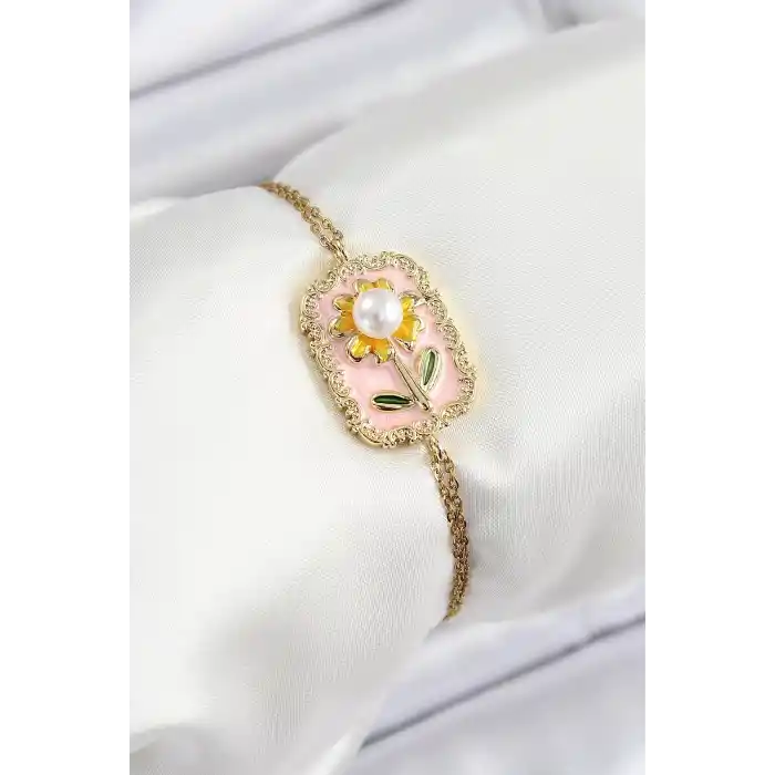 316L Çelik Zincir Pembe Mineli Sanatsal Portre İnci Detaylı Papatya Model Gold Renk Kadın Bileklik