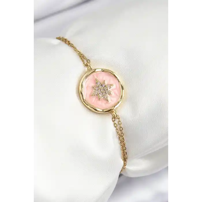 316L Çelik Zincir Pembe Mineli Sanatsal Portre Kuzey Yıldızı Model Gold Renk Kadın Bileklik