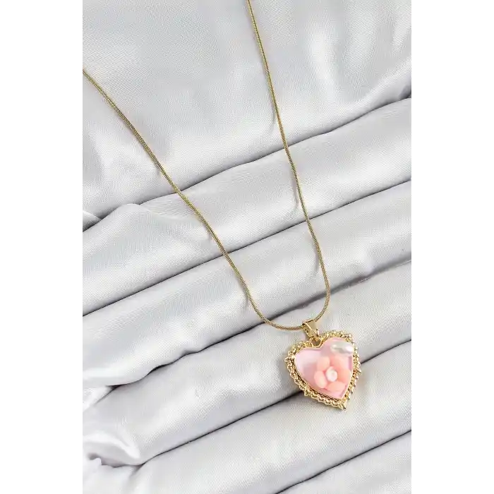 316L Çelik Zincir Pembe Sanatsal Portre İnci Detaylı Papatya Figürlü Kalp Model Gold Renk Kadın Kolye