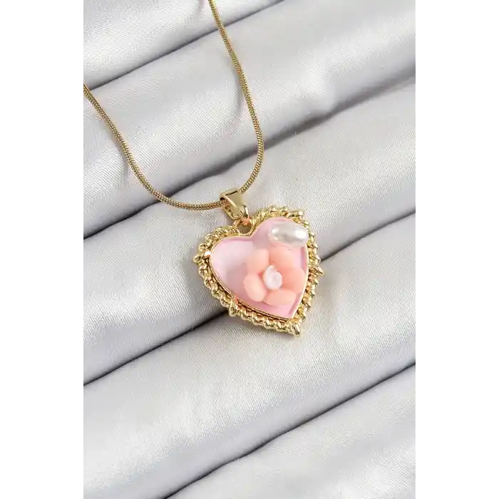 316L Çelik Zincir Pembe Sanatsal Portre İnci Detaylı Papatya Figürlü Kalp Model Gold Renk Kadın Kolye