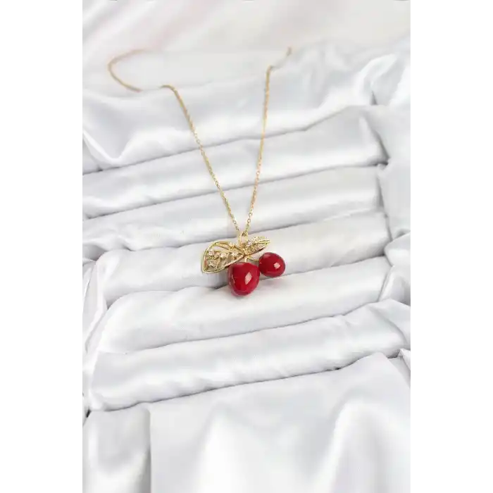 316L Çelik Zincir Yapraklı Kiraz Model Gold Renk Kadın Kolye