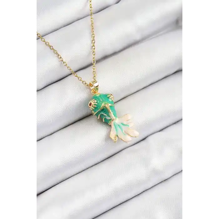 316L Çelik Zincir Yeşil Balık Model Gold Renk Kadın Kolye