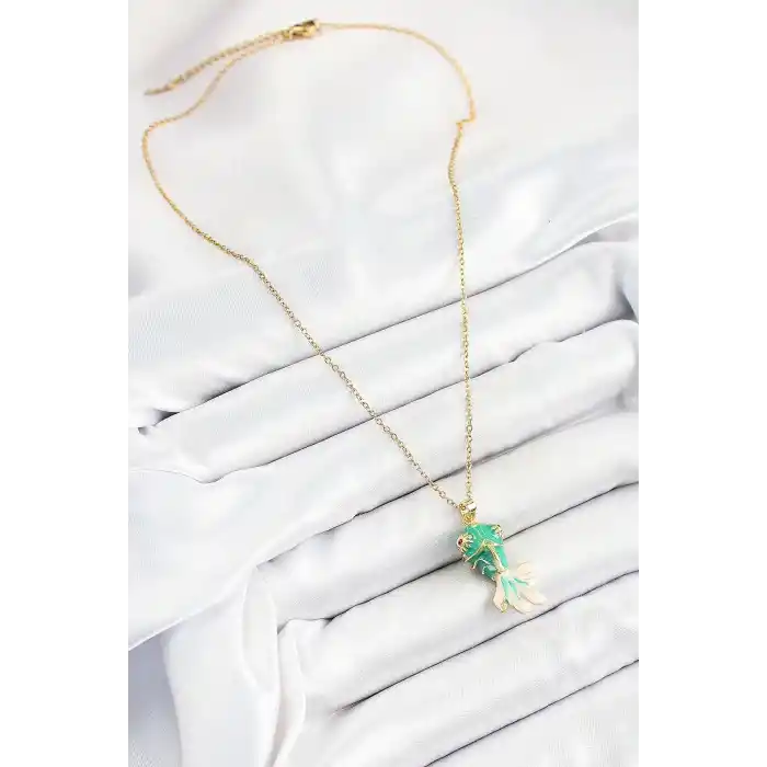 316L Çelik Zincir Yeşil Balık Model Gold Renk Kadın Kolye