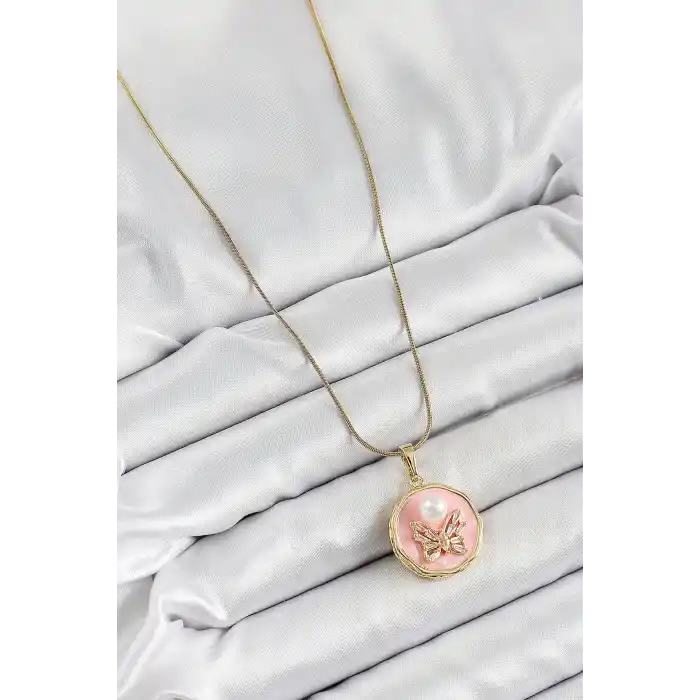 316L Çelik Zincir Zirkon Taşlı Pembe Sanatsal Portre İnci Detaylı Kelebek Model Gold Renk Kadın Kolye