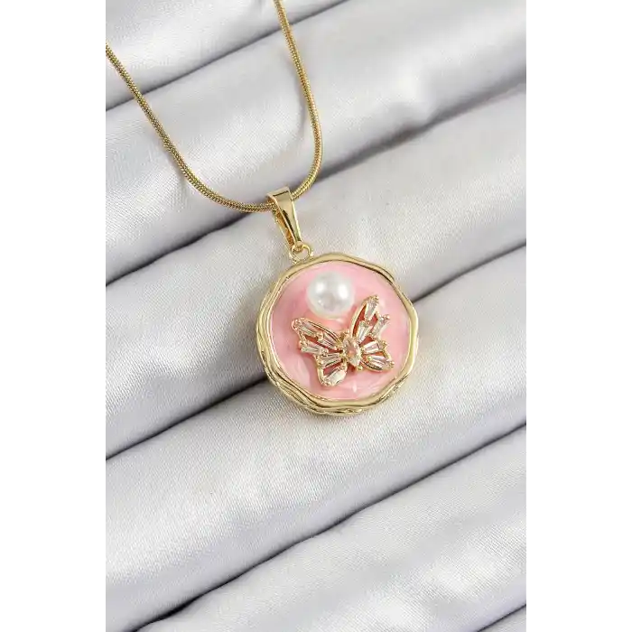 316L Çelik Zincir Zirkon Taşlı Pembe Sanatsal Portre İnci Detaylı Kelebek Model Gold Renk Kadın Kolye