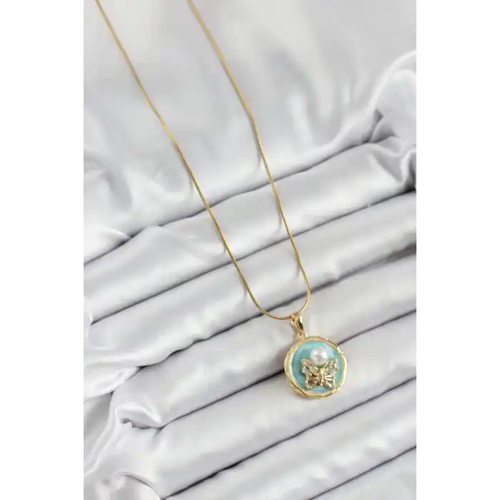 316L Çelik Zincir Zirkon Taşlı Turkuaz Sanatsal Portre İnci Detaylı Kelebek Model Gold Renk Kadın Kolye