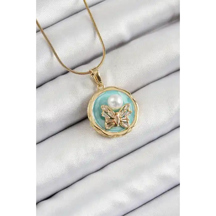 316L Çelik Zincir Zirkon Taşlı Turkuaz Sanatsal Portre İnci Detaylı Kelebek Model Gold Renk Kadın Kolye