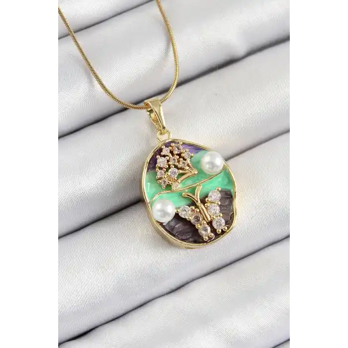 316L Çelik Zincir Zirkon Taşlı Yeşil Mor Sanatsal Portre İnci Detaylı Ağaç Ve Kelebek Figürlü Model Gold Renk Kadın Kolye
