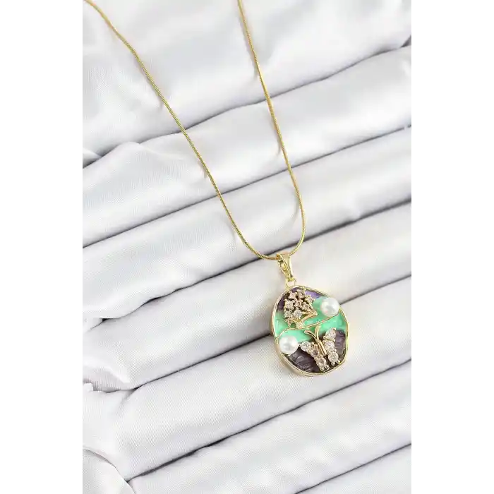 316L Çelik Zincir Zirkon Taşlı Yeşil Mor Sanatsal Portre İnci Detaylı Ağaç Ve Kelebek Figürlü Model Gold Renk Kadın Kolye