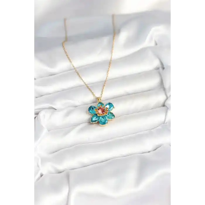 316L Çelik Zincirli Mavi Çiçek Model Kadın Kolye
