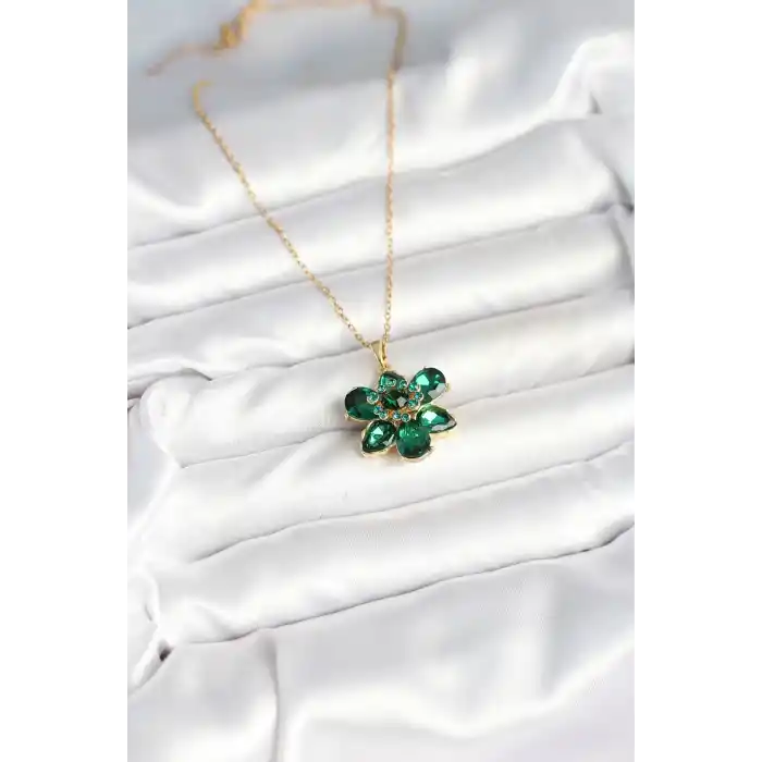316L Çelik Zincirli Yeşil Çiçek Model Kadın Kolye