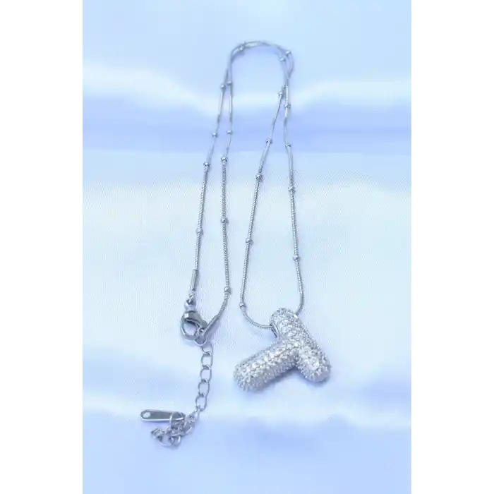 316L Çelik Zincirli Zirkon Taşlı T Harfli Gümüş Renk Bubble Kolye