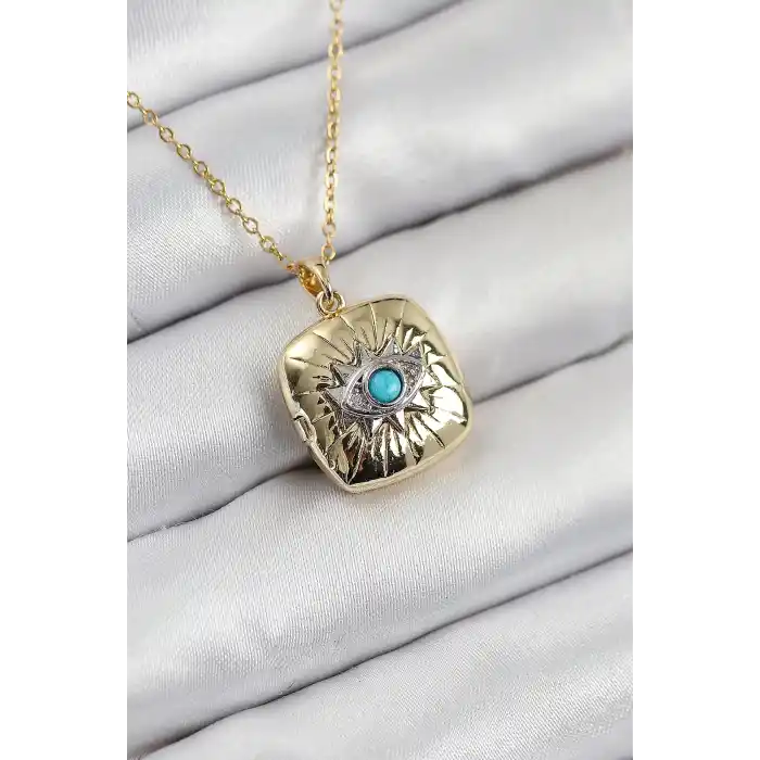 316L Çelik Zirkon Taşlı Açılabilr Kapaklı Göz Model Gold Renk Kadın Kolye