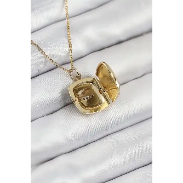 316L Çelik Zirkon Taşlı Açılabilr Kapaklı Göz Model Gold Renk Kadın Kolye