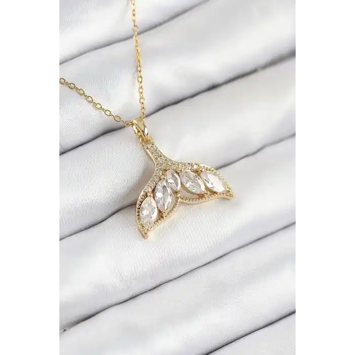 316L Çelik Zirkon Taşlı Balık Kuyruğu Model Gold Renk Kadın Kolye