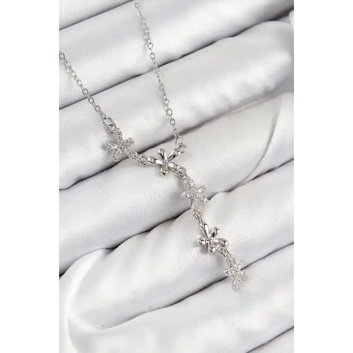 316L Çelik Zirkon Taşlı Çiçek Model Gümüş Renk Kadın Kolye