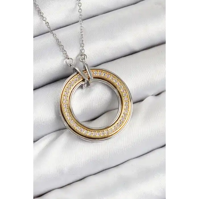 316L Çelik Zirkon Taşlı Dönen Daire Model Gold Ve Gümüş Renk Kadın Kolye