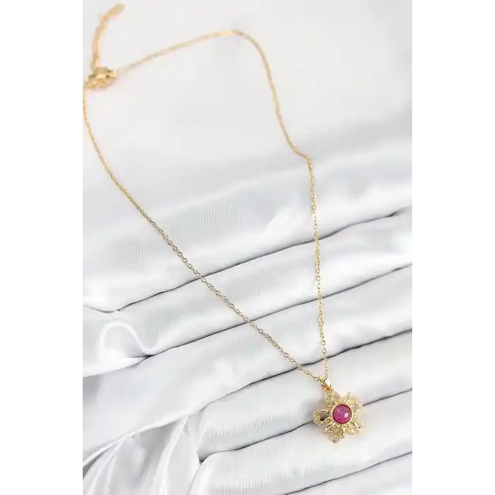 316L Çelik Zirkon Taşlı Döner Güneş Model Gold Renk Kadın Kolye