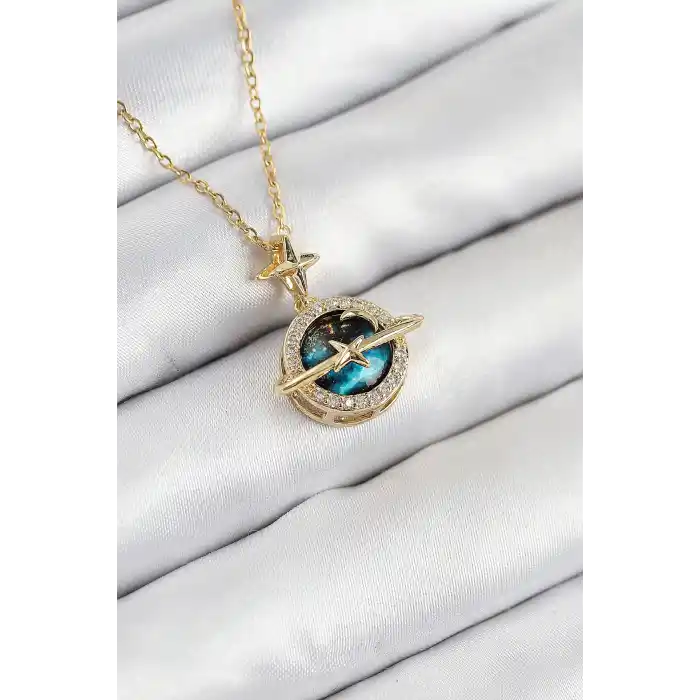 316L Çelik Zirkon Taşlı Gezegen Model Gold Renk Kadın Kolye