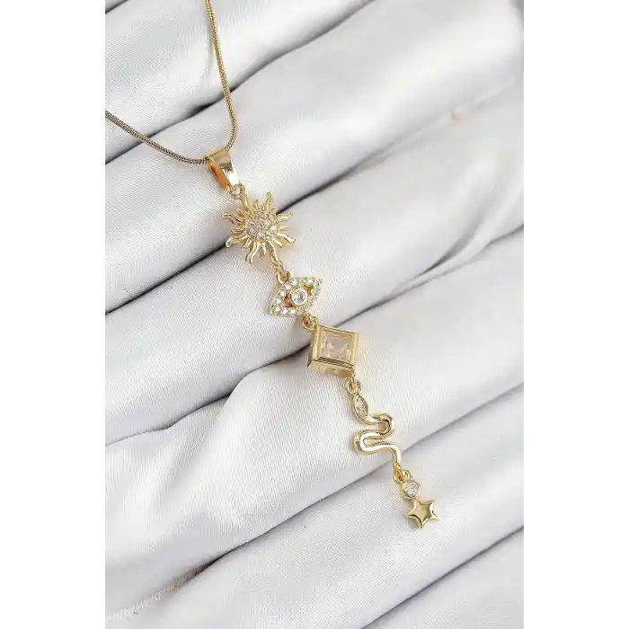 316L Çelik Zirkon Taşlı Güneş Ve Ay Enerji Model Gold Renk Kadın Kolye