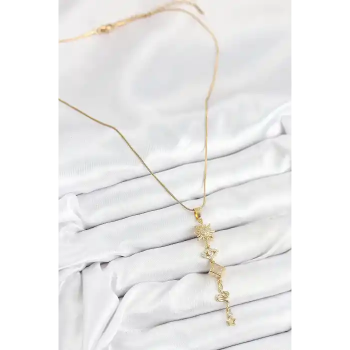 316L Çelik Zirkon Taşlı Güneş Ve Ay Enerji Model Gold Renk Kadın Kolye