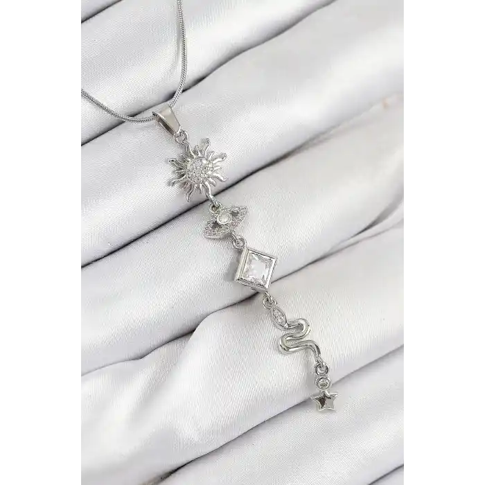 316L Çelik Zirkon Taşlı Güneş Ve Ay Enerji Model Gümüş Renk Kadın Kolye