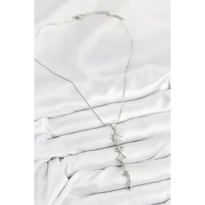 316L Çelik Zirkon Taşlı Güneş Ve Ay Enerji Model Gümüş Renk Kadın Kolye