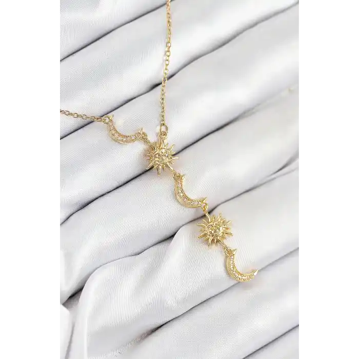 316L Çelik Zirkon Taşlı Güneş Ve Ay Model Gold Renk Kadın Kolye