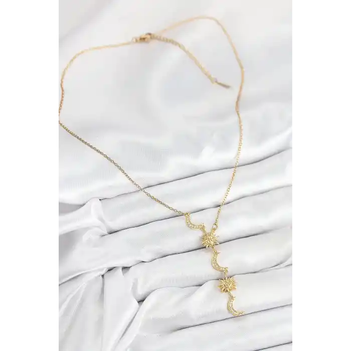 316L Çelik Zirkon Taşlı Güneş Ve Ay Model Gold Renk Kadın Kolye