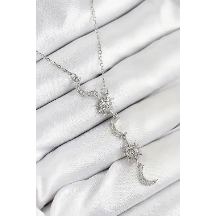 316L Çelik Zirkon Taşlı Güneş Ve Ay Model Gümüş Renk Kadın Kolye
