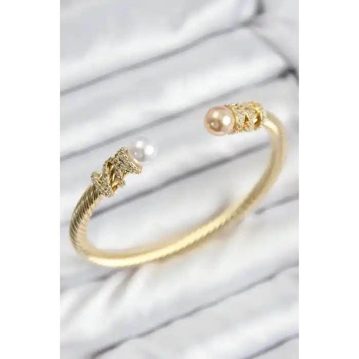 316L Çelik Zirkon Taşlı İnci Model Gold Renk Kadın Bileklik