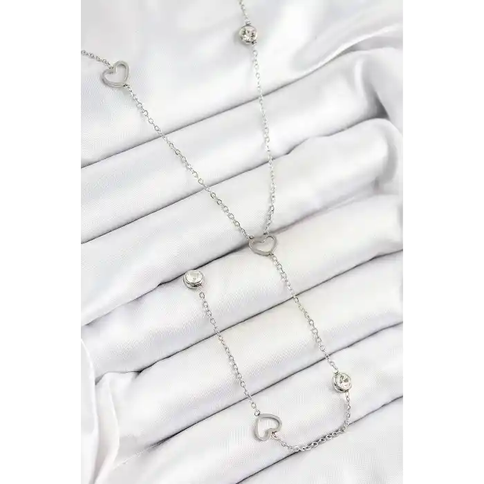 316L Çelik Zirkon Taşlı Kalp Figürlü Y Model Gümüş Renk Kadın Kolye